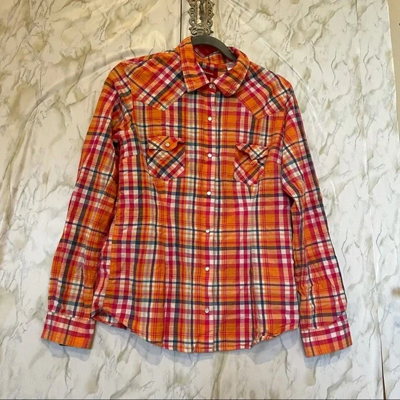 Panhandle large plaid checks orange front pocket Pearl snap button 100% cotton - Picture 2 of 8